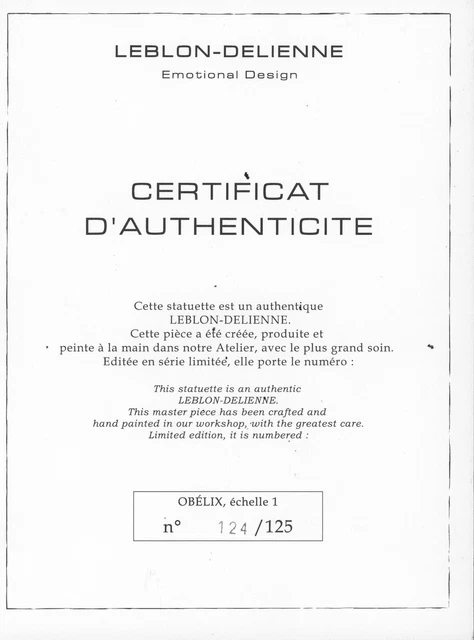 UDERZO ASTÉRIX LEBLON-DELIENNE Certificat Obélix échelle 1 Fariboles