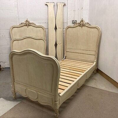 matched pair of Vintage French single beds carved painted 5
