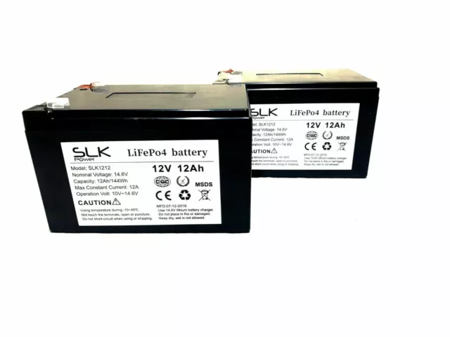 2 12v 12AH SLK POWER LONG LIFE LIFEPO4 LITHIUM BATTERIES - UPGRADE 12AH AGM/GEL