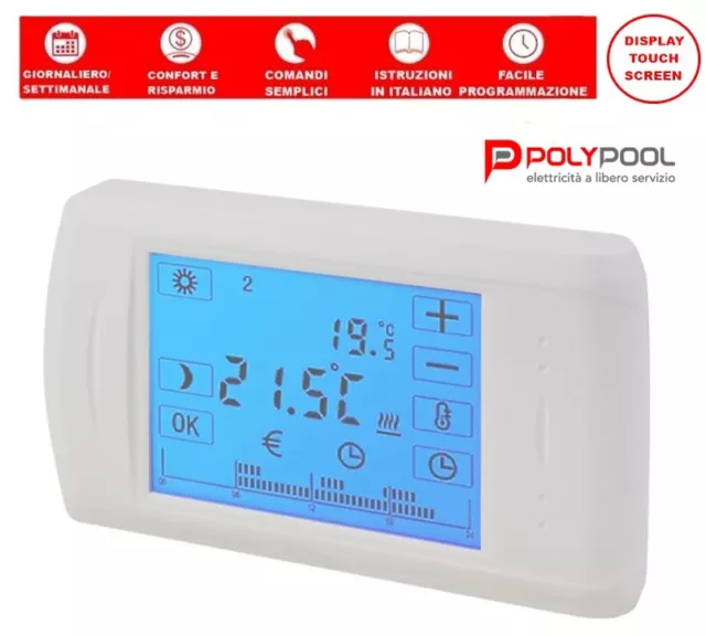 Cronotermostato Digitale Settimanale Programmazile Touch Screen Per Caldaia  A Gas Murale e Condizionamento Da Parete Alimentato Con 2 Pile AAA EASY  Estate/Inverno 2 in 1 anche termostato manuale - CDST-7 SIMPLY 7 