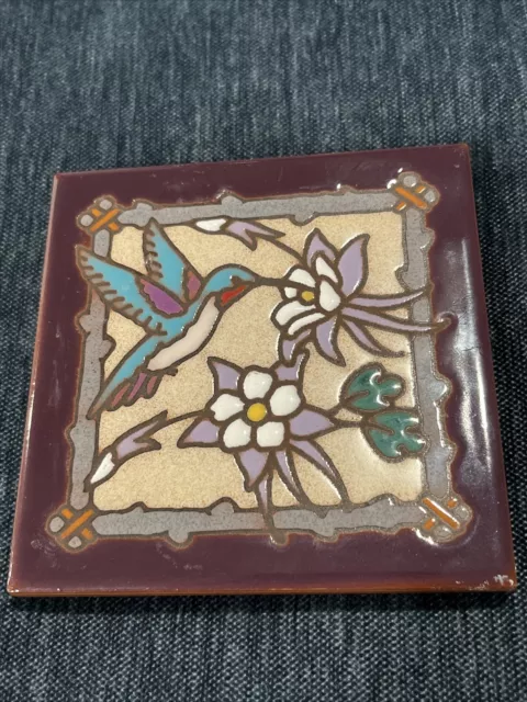 Masterworks Handmade Art Tile/Trivet Hummingbird Drinking Nectar From Flower