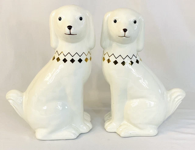 Pier 1 Imports Puppy Dog Figurines White Ceramic Gold Trim 10.5" Set of 2