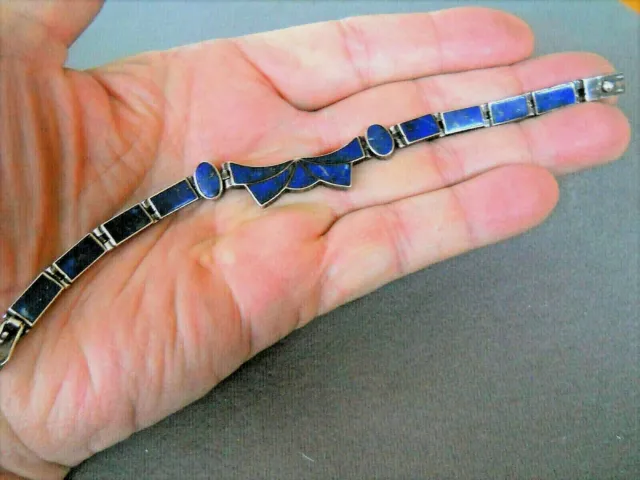 Vintage Lapis Lazuli Sterling .950 Silver Bow Panel Link Hinged Bracelet