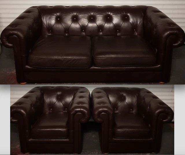 Brown Leather Chesterfield 3 Seater Sofa BED +2 Armchairs Suite Set Couch Settee