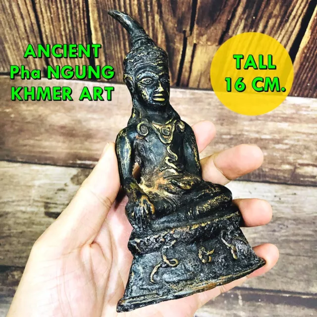 Ancient Bronze Statue Ngung Ngan Khmer Art Buddha Decor Home Thai Amulet #16534
