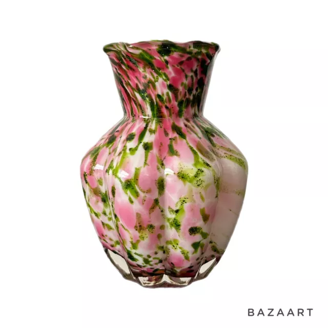 VTG FENTON Vasa Murrhina Cased Glass Vase Adventurine Pink & Green Melon Shape