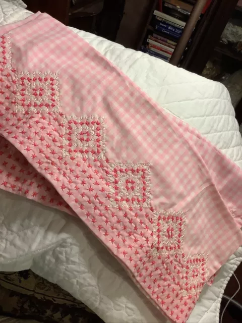 Pair PILLOWCASES Gingham Check Pink White Chicken Scratch Embroidery