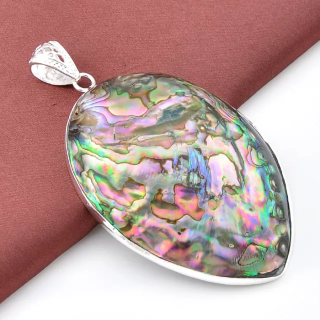 Gorgeous Huge Oval Cut Natural Abalone Shell Gemstone Silver Necklace Pendants