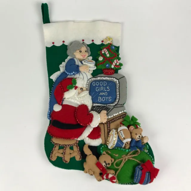 FINISHED Bucilla CHECKLIST Santa Computer Felt Christmas Stocking 18" Hand Sewn