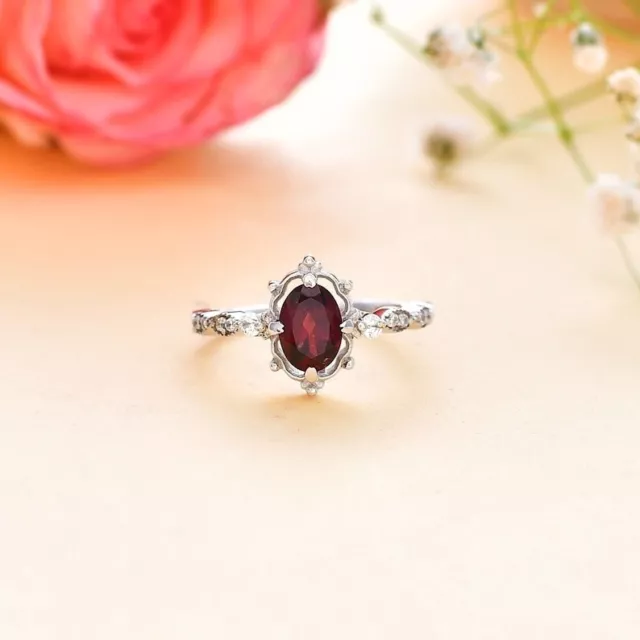 Natural Oval Cut Garnet 925 Sterling Silver Victorian Engagement Ring For Women