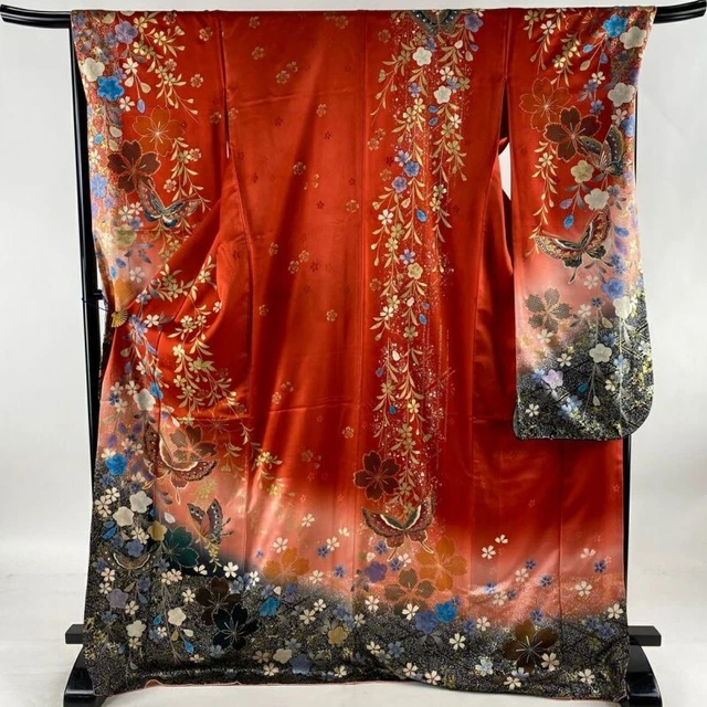 Woman Japanese Kimono Furisode Silk Butterfly Cherry Blossom Gold Red 174cm