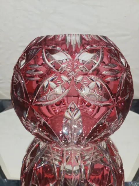 Large 7" Rose Bowl Globe Brilliant Cranberry Red/Pink Cut to clear Glass Crystal