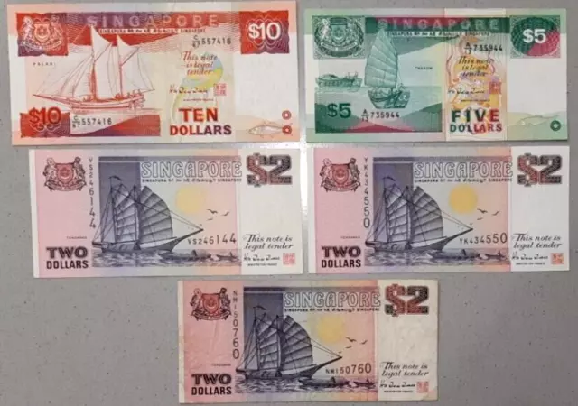 Singapore $10, $5, $2 x3 banknotes set of 5 nice circulated condition