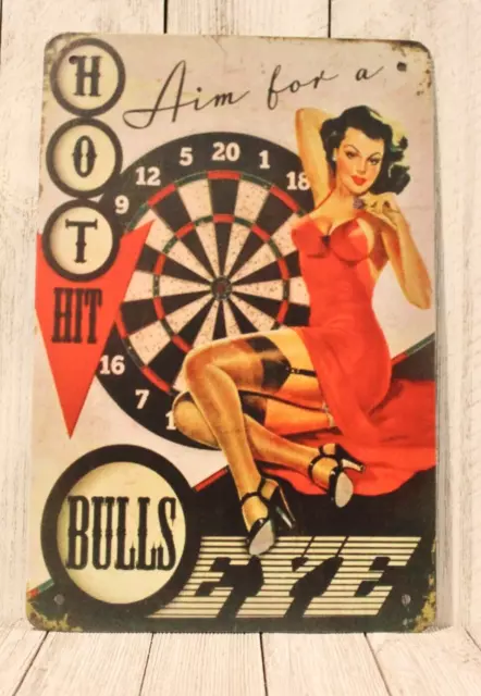 Bullseye Darts Pinup Girl Tin Poster Sign Bar Irish Pub Dartboard Man Cave xz