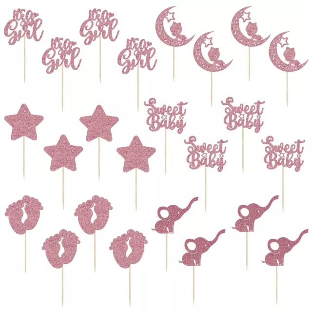 24pcs Cake Gender Reveal Decorations Rose Gold Baby Shower DIY Cupcake Topper