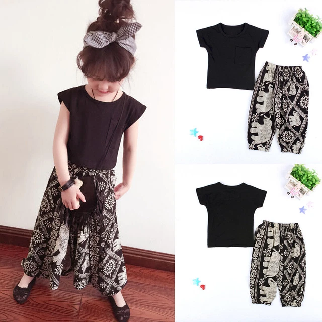 2PCS Set Toddler Kids Girls Solid T-Shirt Tops Pants Outfits Tracksuits Clothes
