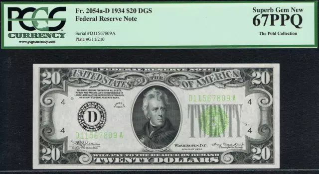 TOP POP. LGS.  $20 1934 Cleveland FRN. Light Green Seal. PCGS 67 PPQ.