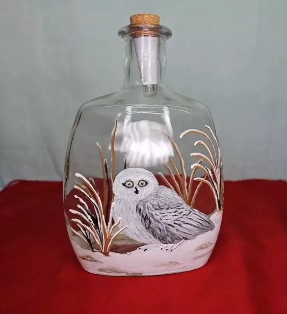 Glass Owl Decanter Hand Painted Bottle w/Stopper Liquor Wine 25 oz