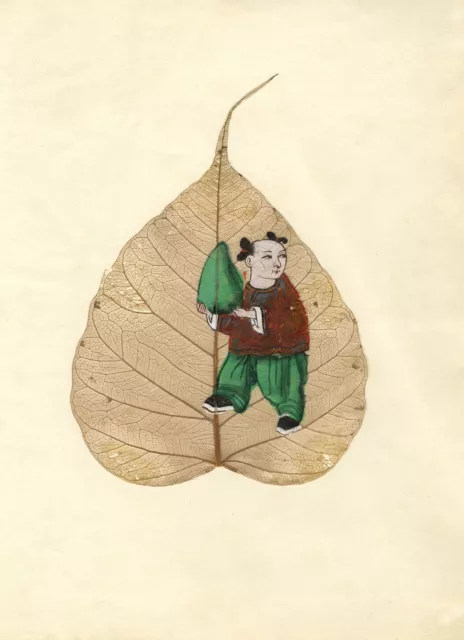 Antique 19th-century Chinese Peepal Leaf Painting – Qing Dynasty Child