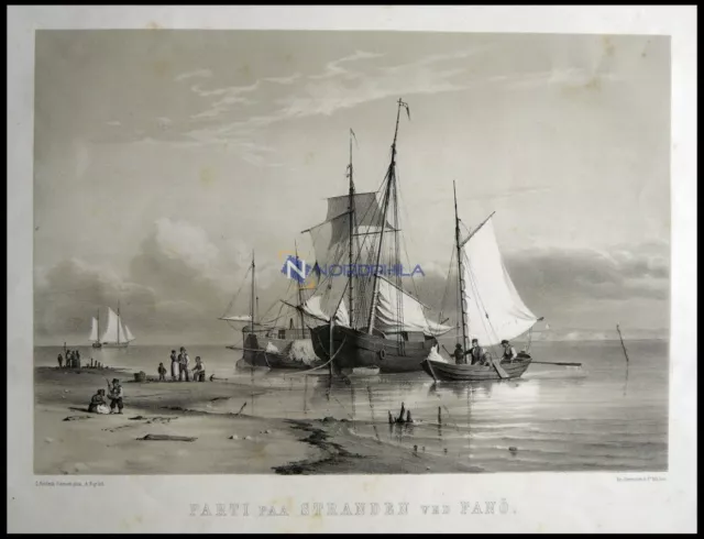 FANÖ (Parti paa Stranden ved Fanö), Strandszene mit Schiffen, Lithographie, 1856