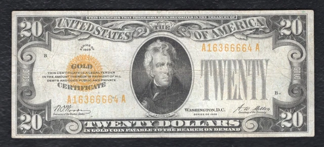 Fr. 2402 1928 $20 Twenty Dollars Gold Certificate Currency Note Very Fine (O)