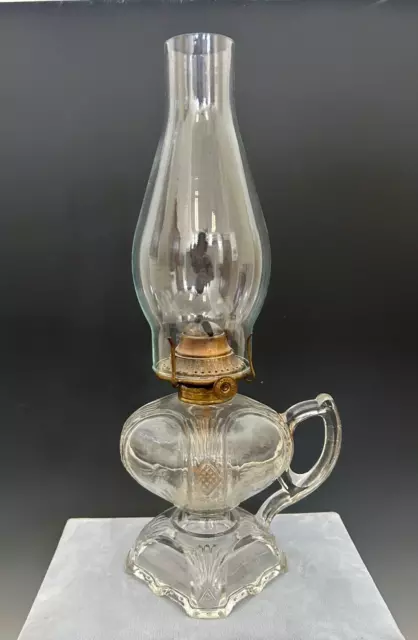 Antique EAPG Kerosene Oil Finger Clear Glass Lamp With Chimney Square Base