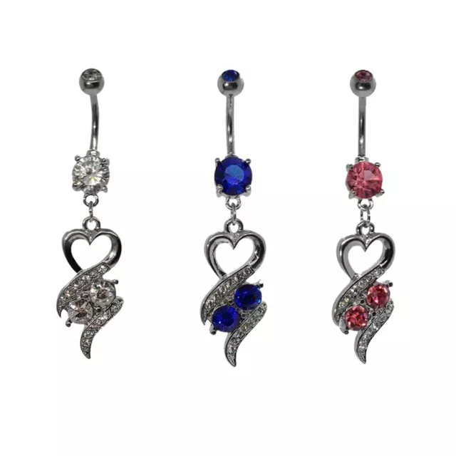 Heart Surgical Steel Dangle Belly Button Ring with CZ Jewels 14g 7/16" - 11mm