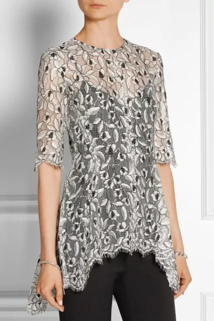 $1195  LELA ROSE LACE FLARE HEM Asymmetric Black Ivory guipure lace Flare TOP 6