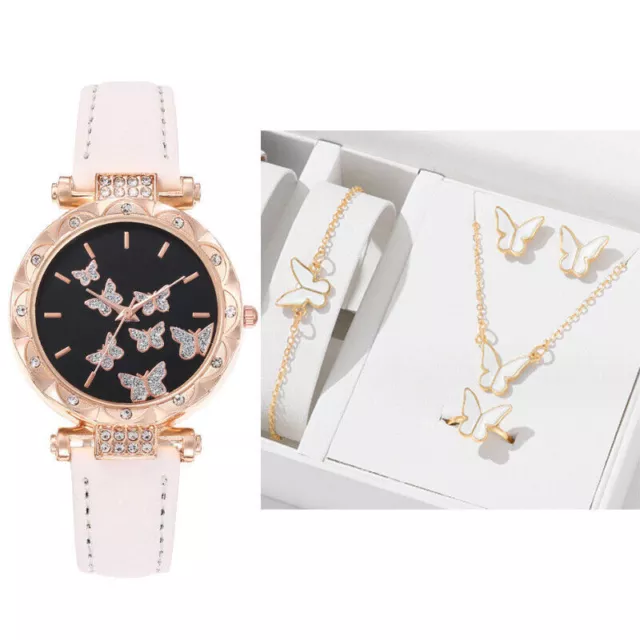 Montre-bracelet pour femmes avec set de bijoux Crystal Butterfly Fashion