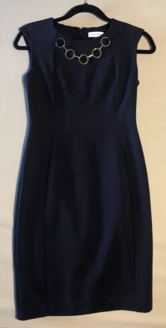 CALVIN KLEIN WOMENS Size 2 Navy Blue Sleeveless Sheath Dress With Gold ...