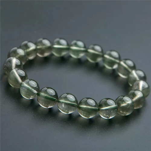 Natural Green Hair Rutilated Quartz Crystal Clear Round Bead Bracelet 10mm AAAA