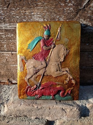 SAN GIORGIO DRAGO TERRACOTTA IN FOGLIA ORO 10x14 cm circa APPENDERE 