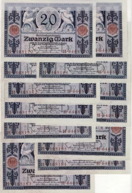 GK121 Reichsbanknote 20 Mark DEU-42 56 P63 Serie H SN 7-stellig 4.11.1915 UNC