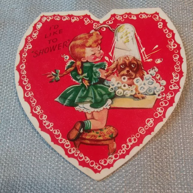 Ameri Card Vintage Valentine Card Girl Dog Bubbles Love Heart Signed