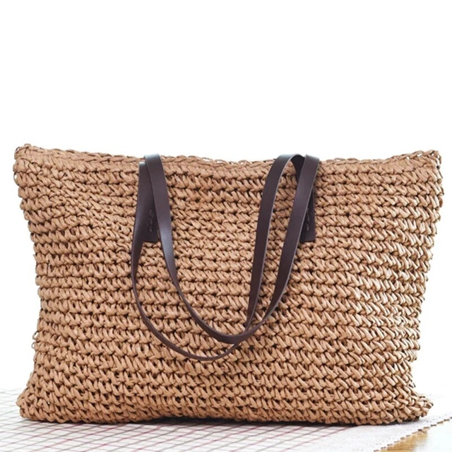 Vintage Shoulder Bag Handbag Tote Straw Hand-Woven Handmade Boho LARGE Tan Beige