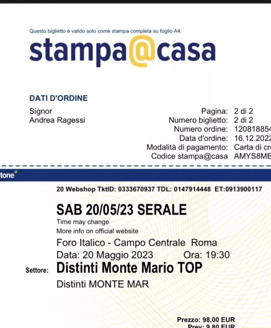 Due Biglietti Biglietti internazionali d’italia Distinti Monte Mario TOP