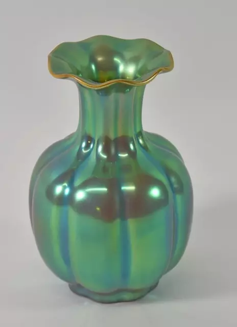 Vintage Zsolnay Green & Blue Iridescent Eosin Segmented Pottery Vase