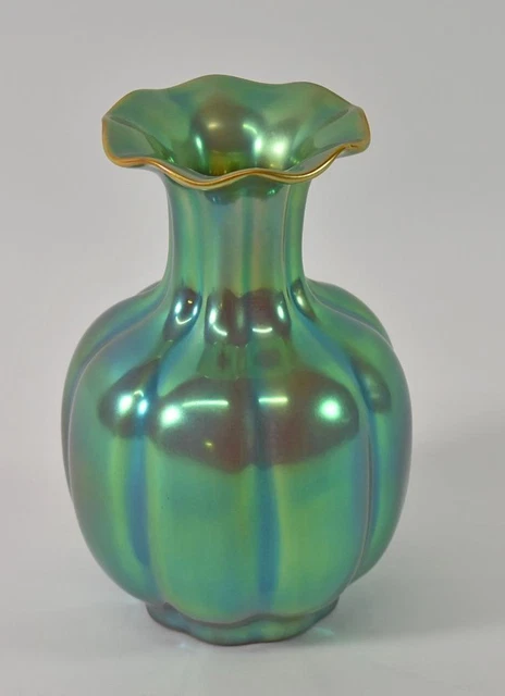 Vintage Zsolnay Green & Blue Iridescent Eosin Segmented Pottery Vase Vintage Zsolnay Green & Blue Iridescent Eosin Segmented Pottery Vase