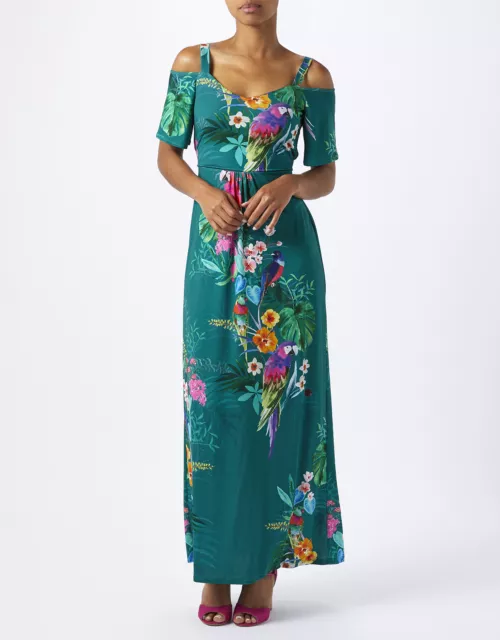 NEW NWT MONSOON Nola Green Tropical Parrot Off Shoulder Maxi Dress