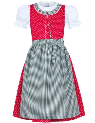 Isar-Trachten Bambini Dirndl " Marie " Con Camicetta 52391 Verde Rosso