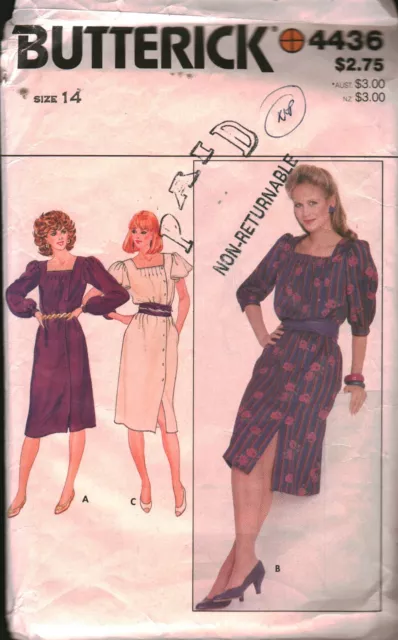 4436 Vintage Butterick Sewing Pattern Misses Loose Fitting Dress 1980s 14 OOP