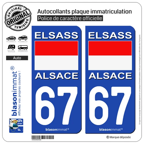 2 Autocollants Style Plaque D'immatriculation "ELSASS 67" (Alsace Bas-Rhin) - En Vinyle Polymère, Multicolore, Neuf