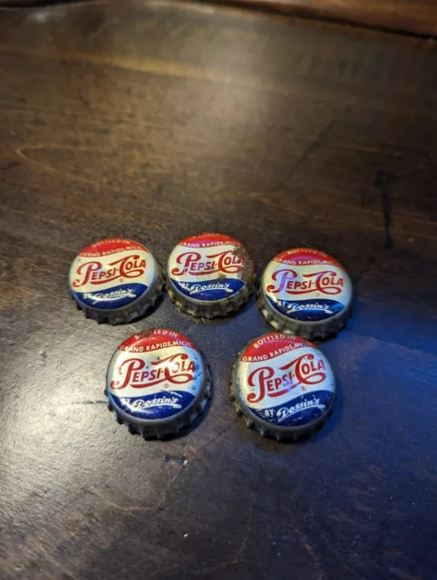 Vintage Rare (5) Pepsi Cola Soda Cork Lined Bottle Caps -Dossins Grand Rapids MI