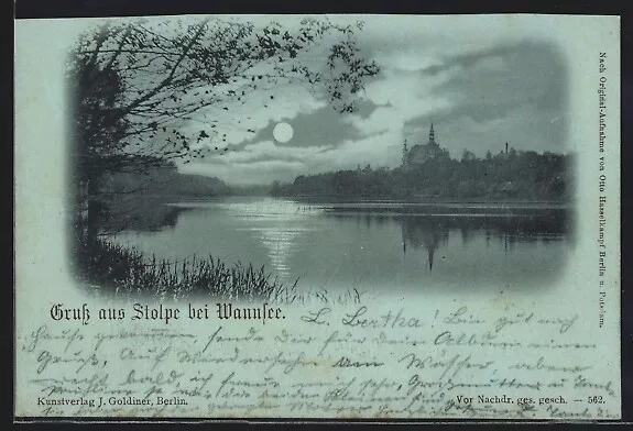 Mondschein-AK Berlin-Stolpe bei Wannsee, Uferpartie mit Kirche 1898