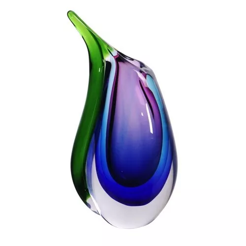 9.5" Hand Blown Multicolor Sommerso Teardrop Art Glass Vase with Angled Lip