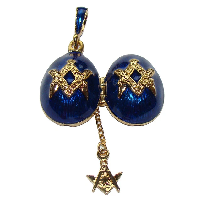 Pendentif Œuf Style Fabergé - Motif Maçonnique Équerre Et Compas - Bleu Et Or