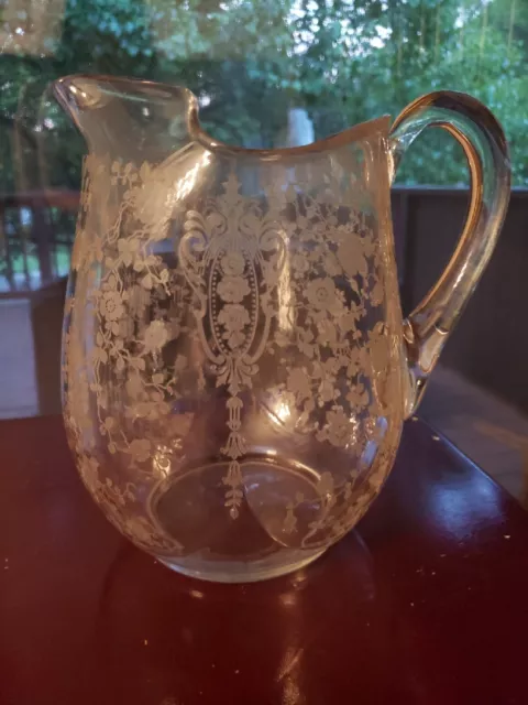 8-1/4" Jug w/ Ice Lip Pitcher 76 0z Glass Crystal Cambridge Rose Point Rosepoint