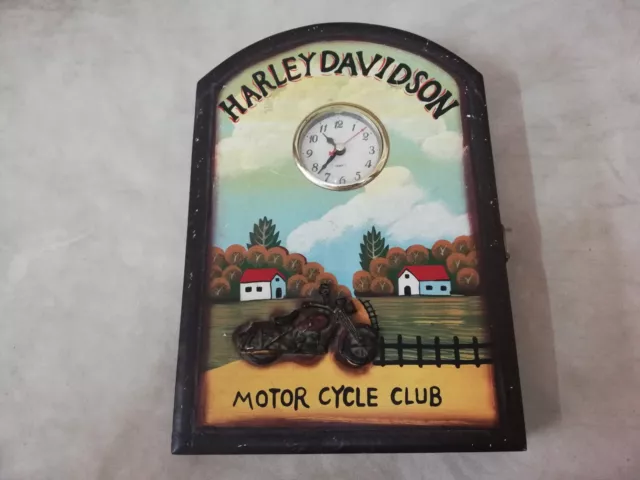 Vtg Rare 3D Harley Davidson Art Key Hooks Wall Wooden Cabinet Box Holder & Clock