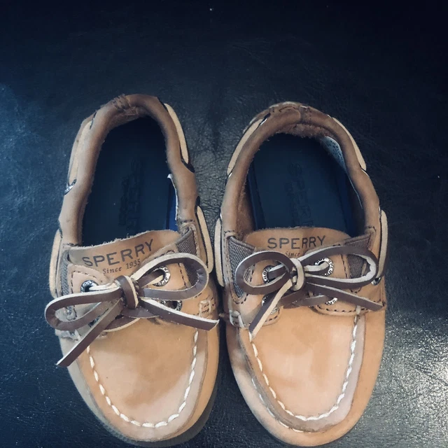 Infants Sperry Top Spiders 5M  AO Slip Ons Brown Leather Loafers Lace Tops &Side