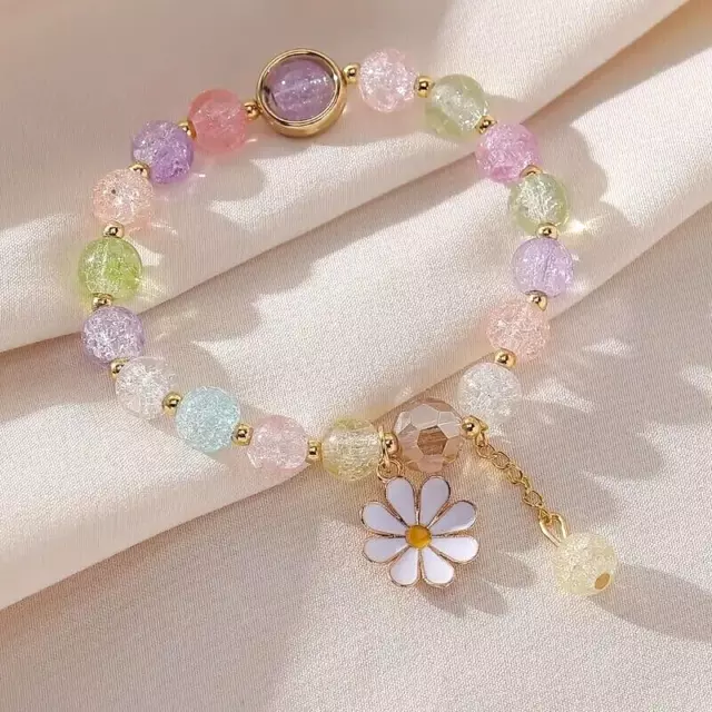 Fashion Cracked Glass Beaded Daisy Pendant Bracelet Elastic Hand String Women